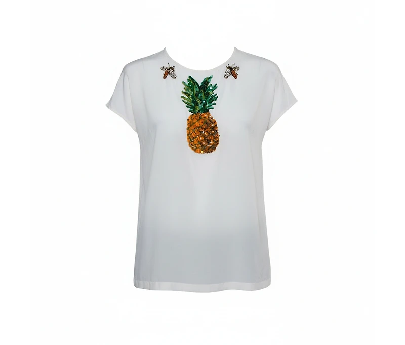 Pre-Owned Dolce & Gabbana Women's Black And Beige Dice Key Printed Silk Short Sleeve Top