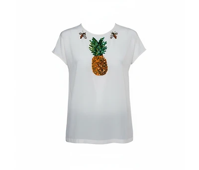 Pre-Owned Dolce & Gabbana Women's Black And Beige Dice Key Printed Silk Short Sleeve Top