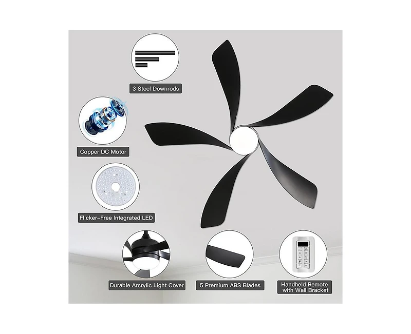Sofucor 52-inch Modern Smart Standard Black 5-Blade Ceiling Fan with Remote Control and Led Light