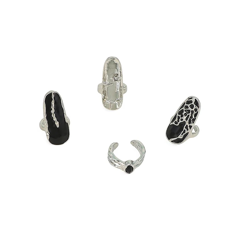 Sohi Women's The Enamel-Goliath Nail Rings - Metallic Silver (Set Of 4)