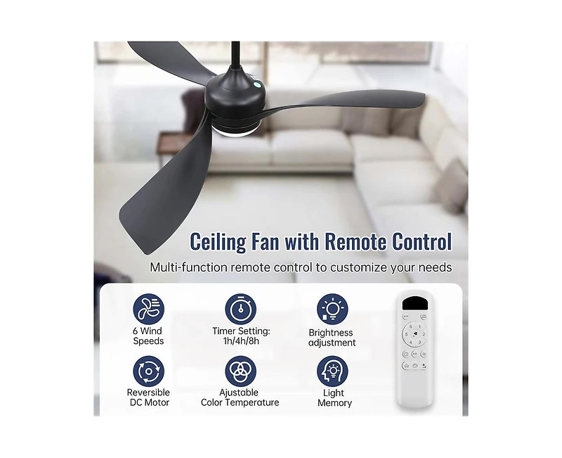 52-inch Modern Black Ceiling Fan with Led Light and Remote Control Dc Motor