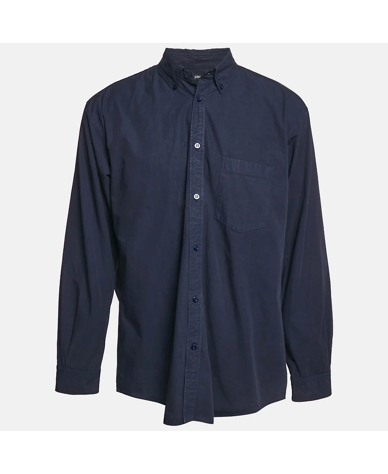 Pre-Owned Balenciaga Men's Navy Blue Cotton Logo Print Button Down Oversized Shirt