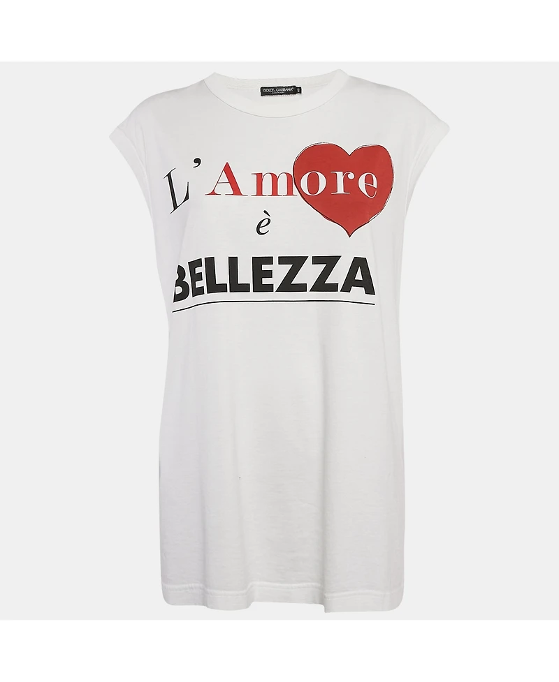 Pre-Owned Dolce & Gabbana Women's White Cotton L'amore E Bellezza Printed Tank Top