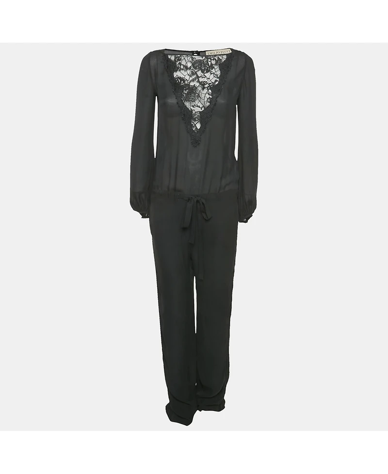 Pre-Owned Emilio Pucci Women's Black Lace Trim Silk Jumpsuit
