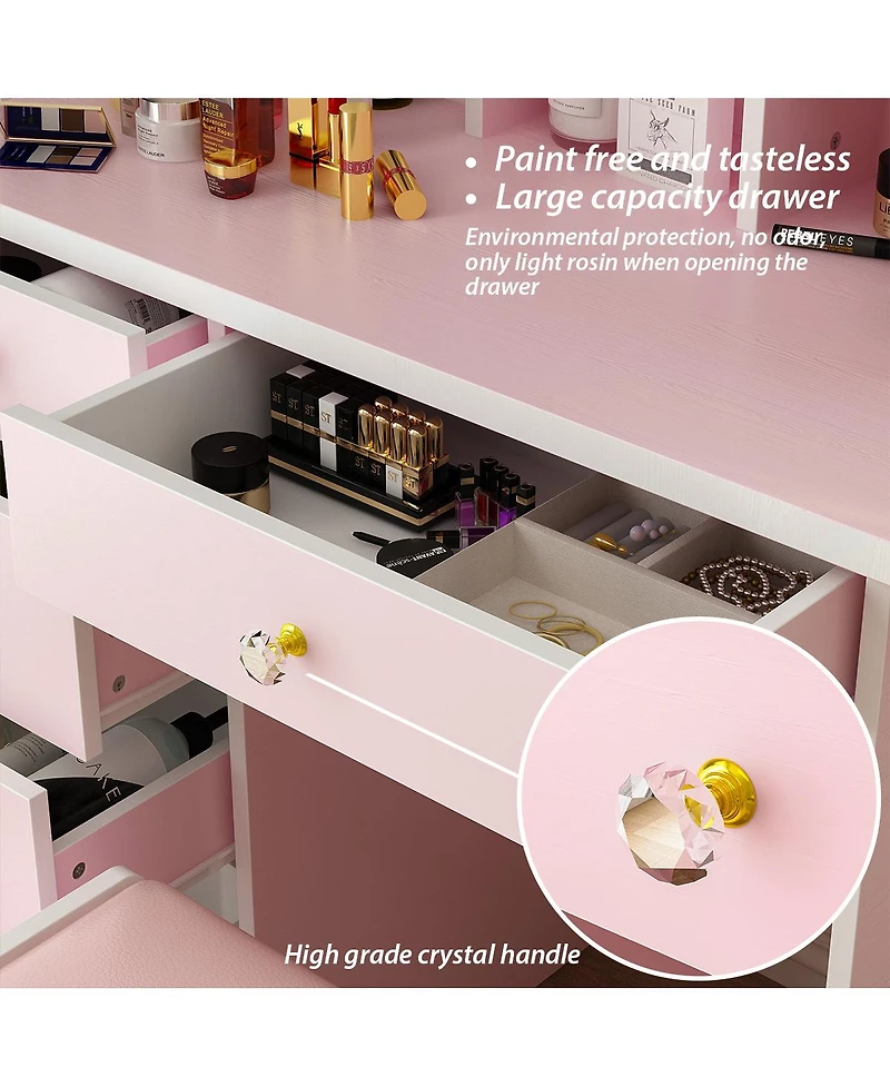 Homsee 5-Drawers Pink Makeup Vanity Sets Dressing Table with Stool, Mirror, Led Light and 3-Tier Storage Shelves