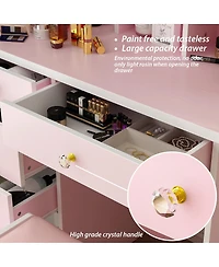 Homsee 5-Drawers Pink Makeup Vanity Sets Dressing Table with Stool, Mirror, Led Light and 3-Tier Storage Shelves