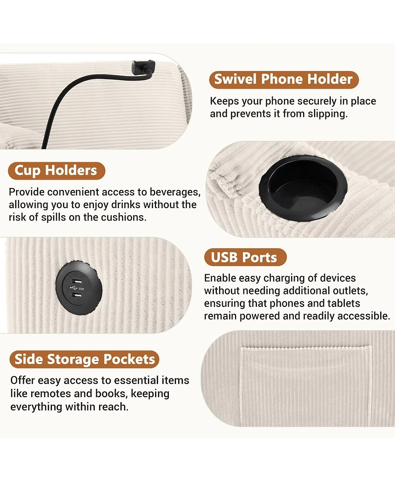 Boyel Living 72.8" Corduroy Sleeper Sofa Loveseat with Full Mattress, Two Usb Ports, Cup Holders, Side Pockets and a Phone Holder