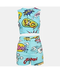 Pre-Owned Dolce & Gabbana Women's Blue Printed Crepe Sleeveless Crop Top & Shorts Set