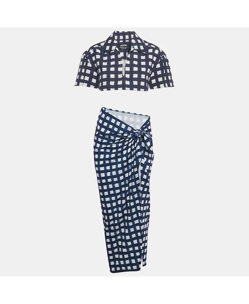 Pre-Owned Jacquemus Women's Navy Blue/white Checkered Silk Blend & Jersey Crop Top & Skirt Set