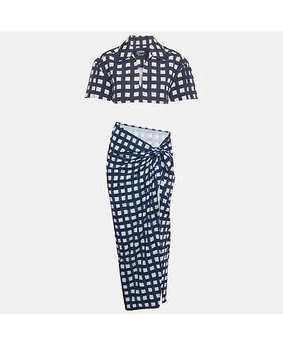 Pre-Owned Jacquemus Women's Navy Blue/white Checkered Silk Blend & Jersey Crop Top & Skirt Set
