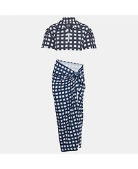 Pre-Owned Jacquemus Women's Navy Blue/white Checkered Silk Blend & Jersey Crop Top & Skirt Set