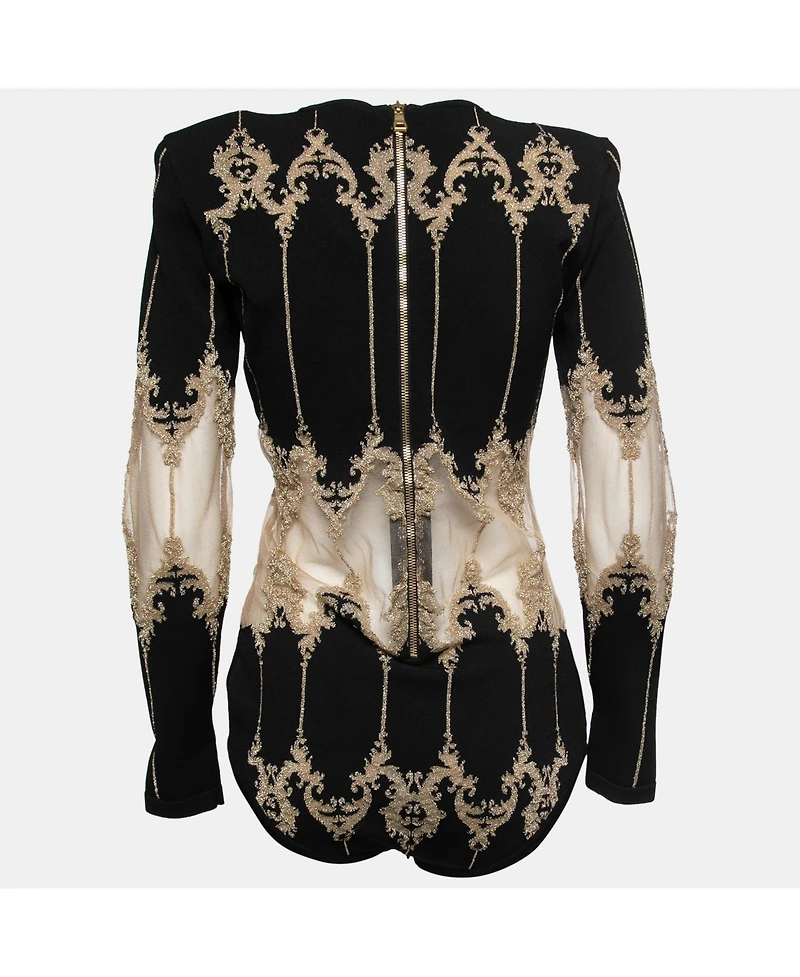 Pre-Owned Balmain Women's Black Stretch-Knit Metallic Tulle Paneled Bodysuit
