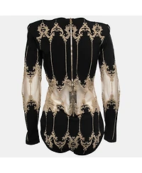 Pre-Owned Balmain Women's Black Stretch-Knit Metallic Tulle Paneled Bodysuit