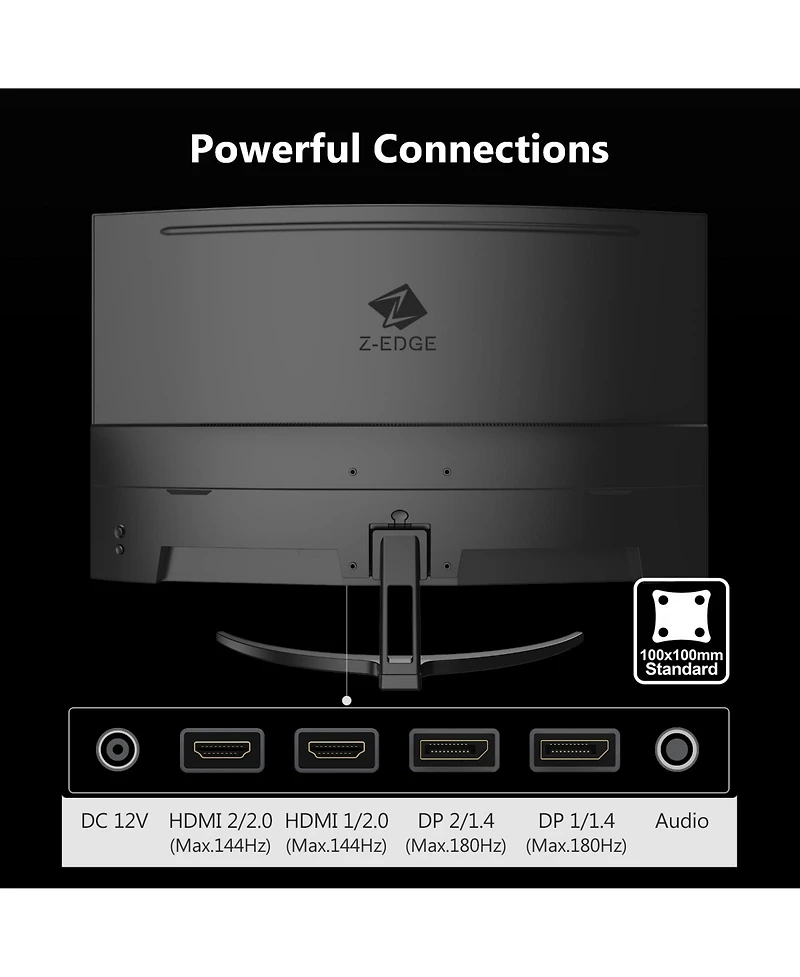 Z-edge 32" 2560 x 1440 Qhd 170Hz 1ms 2K Curved Gaming Monitor, Hdmi x 2, Dp x 2, FreeSync, Support Wall Mount