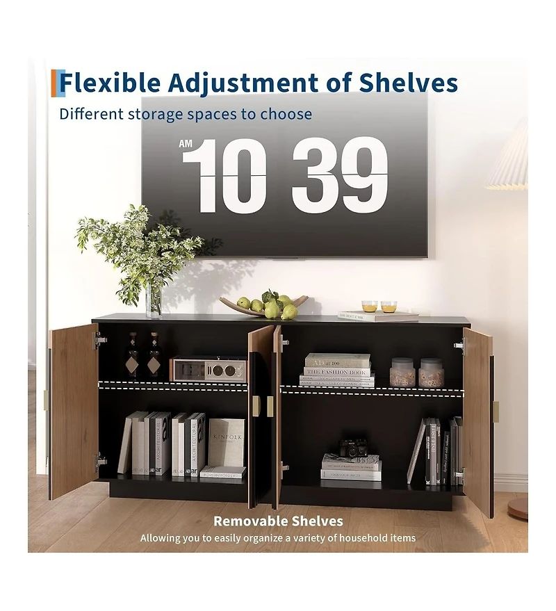 Gaomon 63in Large Sideboard Buffet Cabinet with Storage, Kitchen Fluted Coffee Bar Wine Bar Console Table with Gold Metal Handles