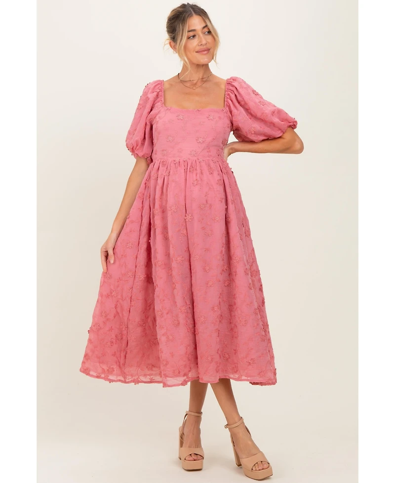 Pinkblush Maternity Mauve Embroidered Floral Puff Sleeve Midi Dress