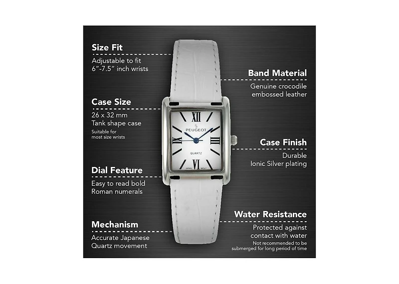 Peugeot Women's Tank Watch Roman Dial White Leather Strap