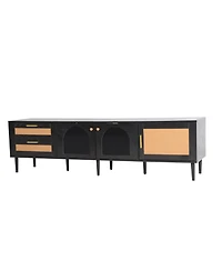 Casainc Rattan Tv Stand with 3 Cabinets & 2 Drawers Media Console Table for TVs up to 80" with Led Light
