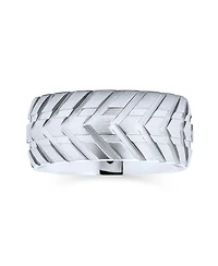 Bling Jewelry Rugged Tire Tread Band Ring Matte Brushed Silver Tone Stainless Steel 8MM