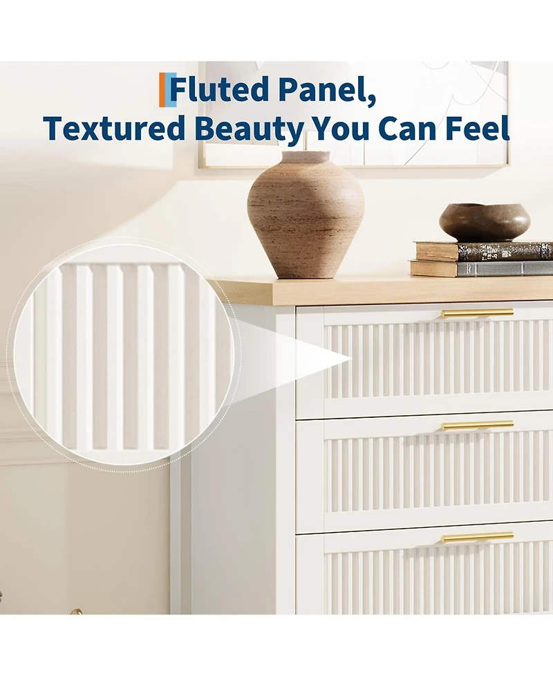 Fluted Oak Bedroom Dresser, 35.4" Tall Chest with 4 Drawers, Closet Storage Cabinet & Clothes Organizer for and Living Room