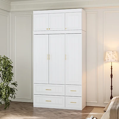Homsee 6-Door Big Wardrobe Armoires with Hanging Rod, 4-Drawers, Storage Shelves