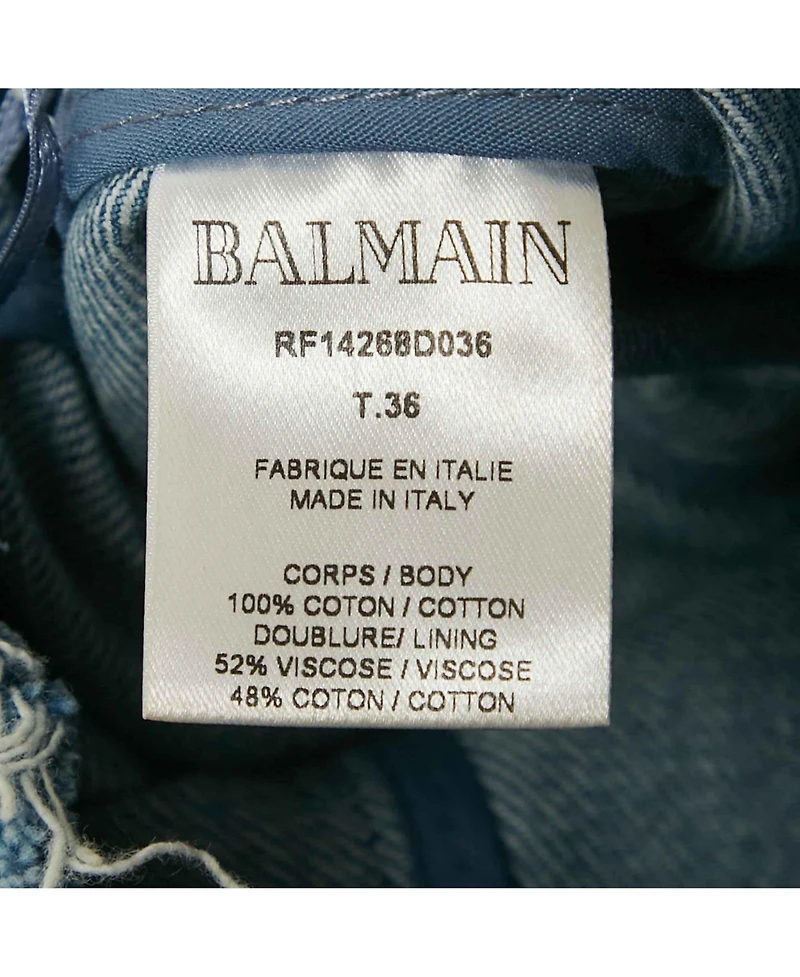 Pre-Owned Balmain Women's Blue Striped Logo Raw Edge Denim Skirt