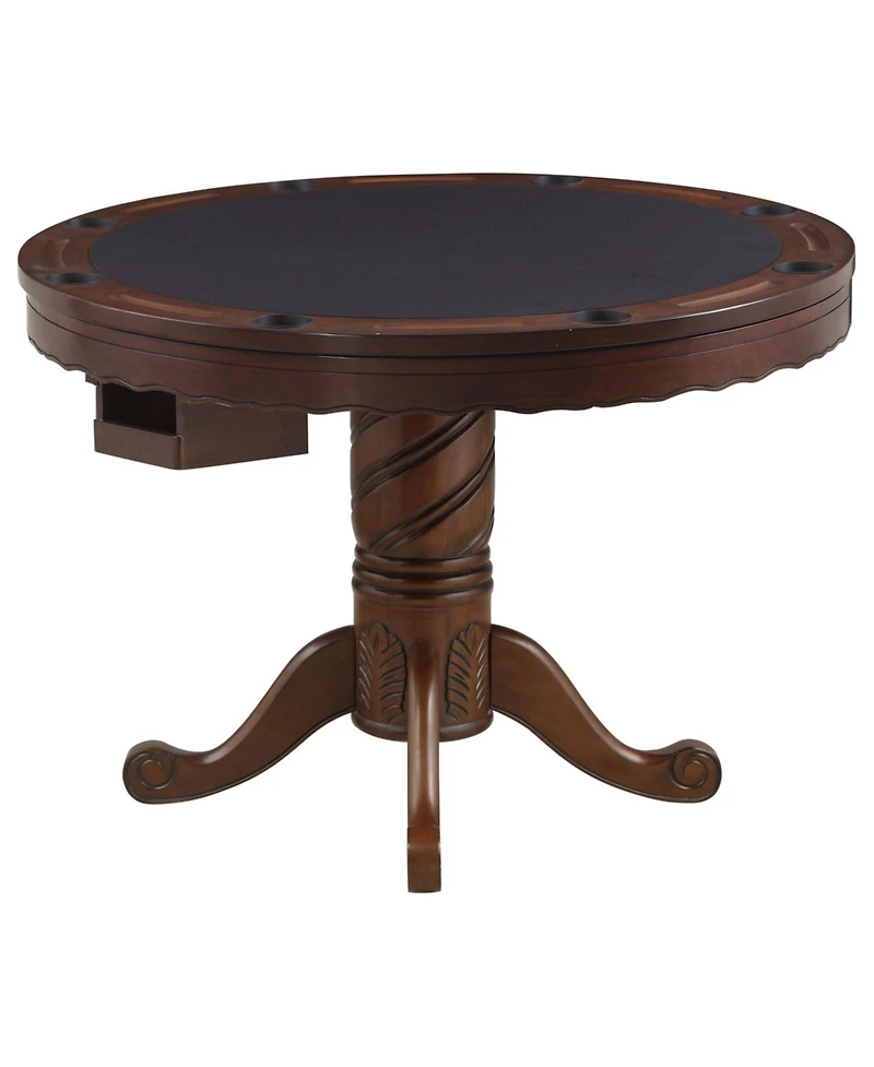 Flynama Tobacco Finish Reversible Game Table with cup holders, carved pedestal, velvet surface, converts dining to gaming.