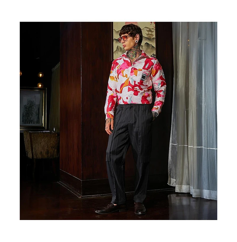 Campus Sutra Men's Cream White & Scarlet Red Floral-Tactile Relaxed Shirt