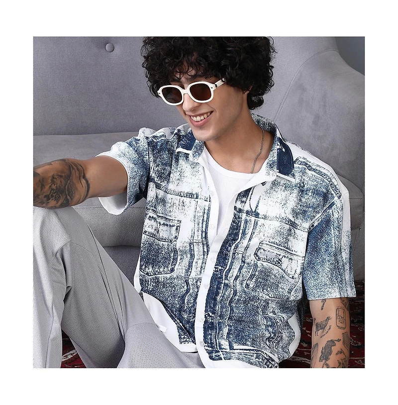 Campus Sutra Men's Navy Blue Denim-Imprint Relaxed Shirt