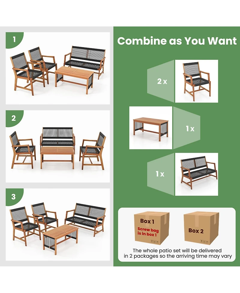 Costway Patio 4pcs Acacia Wood Conversation Table & Chair Set Hand-Woven Rope Outdoor