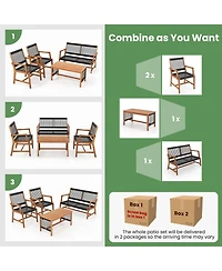 Costway Patio 4pcs Acacia Wood Conversation Table & Chair Set Hand-Woven Rope Outdoor