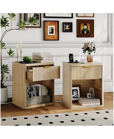 gaomon Set of 2 Charging Station, Drawers and Open Storage Space, Natural Color Fluted Nightstand Bedside Table