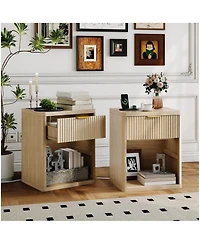 gaomon Set of 2 Charging Station, Drawers and Open Storage Space, Natural Color Fluted Nightstand Bedside Table