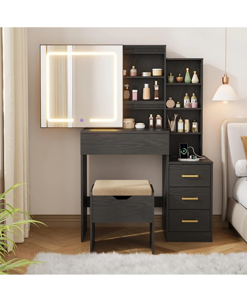 gaomon Vanity Desk with Sliding Mirror and Lights, Modern Makeup Table 4 Drawers 7 Storage Shelves