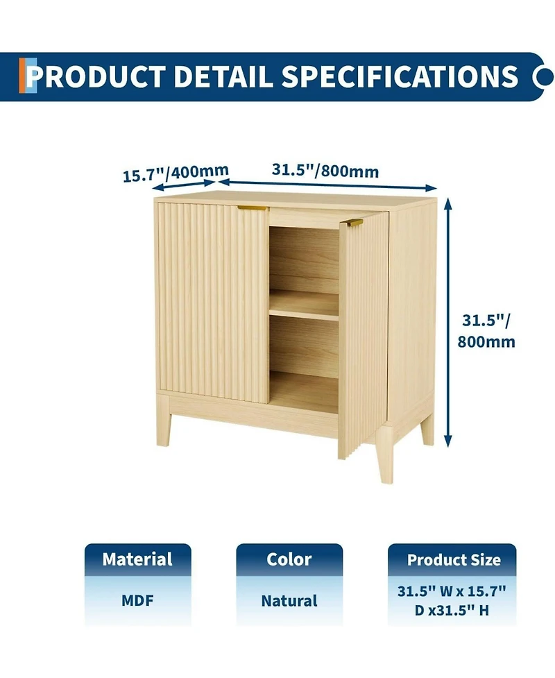 gaomon 31.5" Fluted Storage Cabinet with Gold Handles, Adjustable Shelf, Oak Finish Credenza for Dining Room & Home Organization