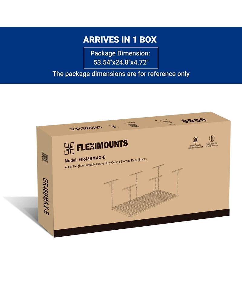 Fleximounts Max Series 48 in. W x 96 in. D x 24 - 40 in. H Black Heavy Duty Ceiling Mounted Overhead Garage Storage Rack-GR48BMAX-e