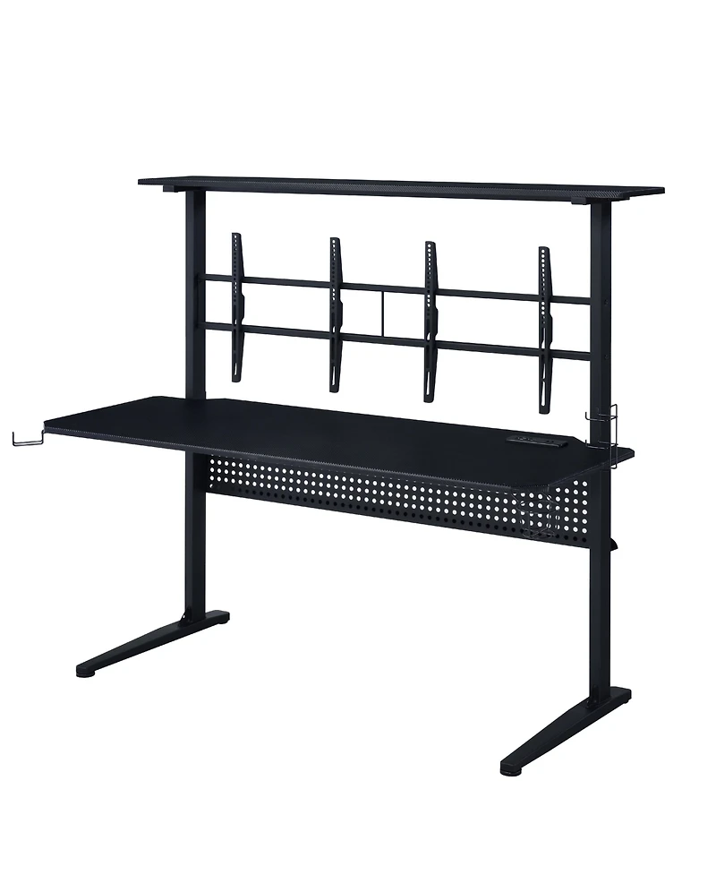 Flynama Black Gaming Desk with Led Light and Dual Screen Holders 59Inch Wide 18mm Thick Top with Open Storage Compartment