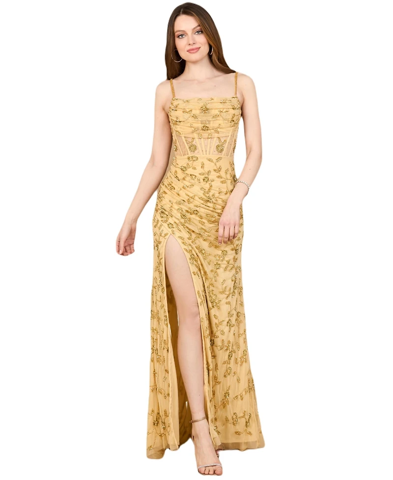 Lara Women's Beaded Corset Gown with Slit
