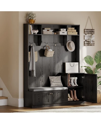 Gaomon Hall Tree with Bench and Shoe Storage, 3-in-1 Farmhouse Entryway Coat Rack, 4 Hooks, Cubbies & 3 Open Compartments