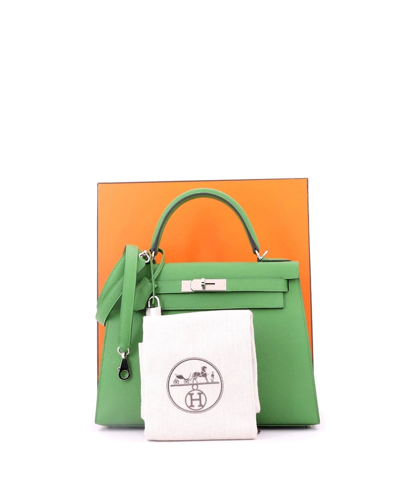 Pre-Owned Hermes Kelly 28 Handbag Green Epsom with Palladium Hardware