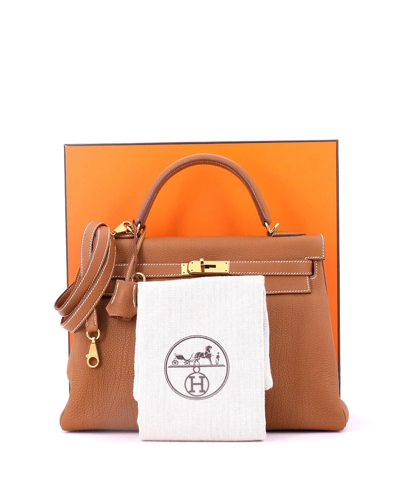 Pre-Owned HERMES Kelly 32 Handbag Brown Togo with Gold Hardware
