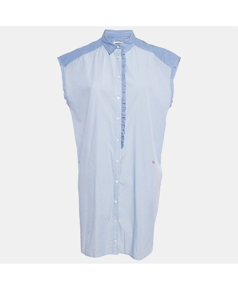 Pre-Owned Zadig & Voltaire Women's Blue Stripe Cotton Button Front Ruffled Rilt Mini Dress