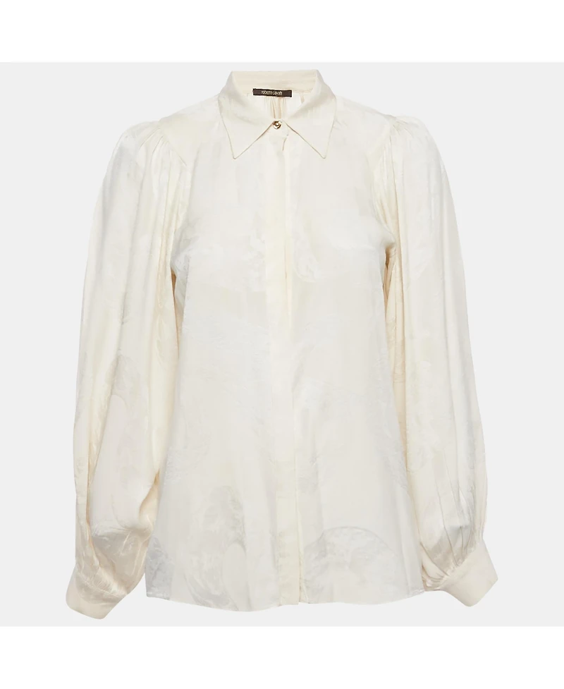 Pre-Owned Roberto Cavalli Women's Off-White Jacquard Puff Sleeve Blouse