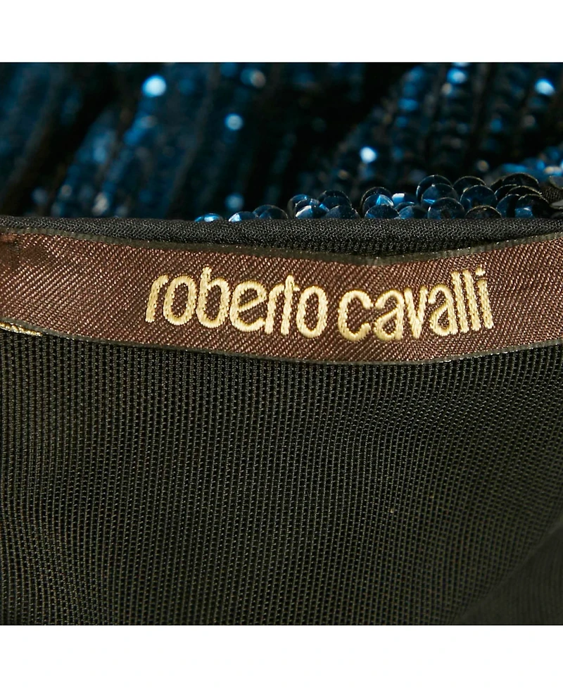 Pre-Owned Roberto Cavalli Women's Blue Sequin And Lurex Fringed Strapless Mini Dress