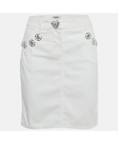 Pre-Owned Moschino Women's Jeans White Denim Button Detail Pencil Skirt