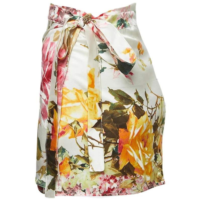 Pre-Owned Roberto Cavalli Women's White Floral Print Satin Mini Wrap Skirt