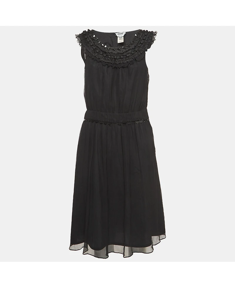 Pre-Owned Moschino Women's Cheap and Chic Vintage Black Silk Midi Dress with Metal Embellished Neck