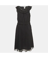 Pre-Owned Moschino Women's Cheap and Chic Vintage Black Silk Midi Dress with Metal Embellished Neck