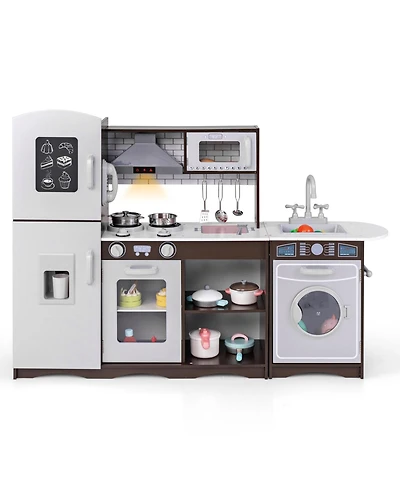 Hongge Interactive Corner Toy Kitchen Set with Light, Sounds, and Storage Cabinets - Dark Brown