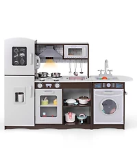 Hongge Interactive Corner Toy Kitchen Set with Light, Sounds, and Storage Cabinets - Dark Brown